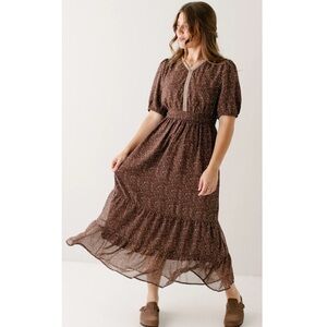 Embroidered Trim Modest Floral Maxi Dress XL New Brown
